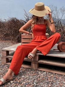 SHEIN VCAY Áo liền quần nữ Lộ Lưng Túi Dải chun màu trơn Boho - trái cam - Xem 6