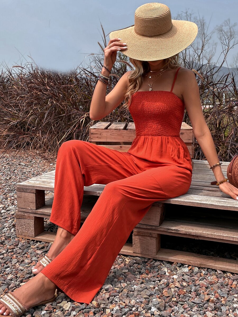 SHEIN VCAY Áo liền quần nữ Lộ Lưng Túi Dải chun màu trơn Boho - trái cam - Xem 1