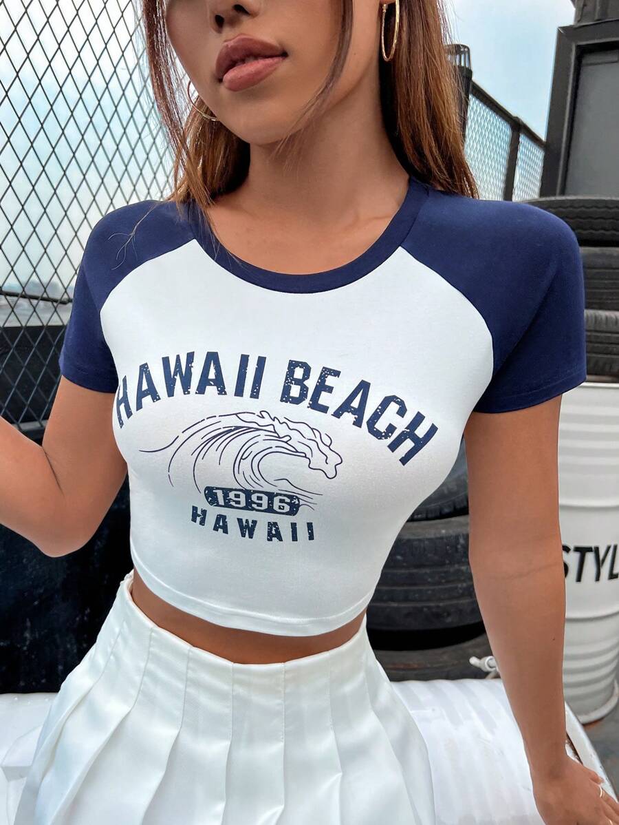 SHEIN Unity Camiseta crop con estampado de letra de manga raglán - Azul y blanco - Ver 1