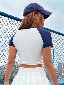 SHEIN Unity Camiseta crop con estampado de letra de manga raglán - Azul y blanco - Ver 2