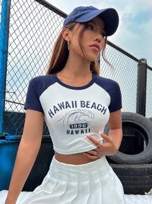 SHEIN Unity Camiseta crop con estampado de letra de manga raglán - Azul y blanco - Ver 4