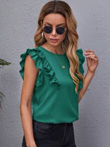 SHEIN Clasi 荷葉袖素色上衣 - 綠色 - 查看 5