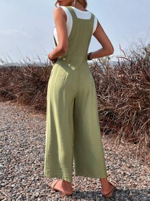 SHEIN LUNE 素色斜口袋背帶連身褲不附抹胸 - 綠色 - 查看 2