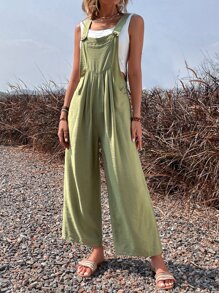 SHEIN LUNE 素色斜口袋背帶連身褲不附抹胸 - 綠色 - 查看 5