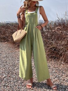 SHEIN LUNE 素色斜口袋背帶連身褲不附抹胸 - 綠色 - 查看 6