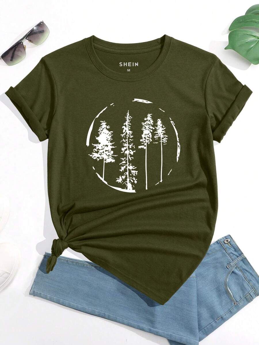 INAWLY Camiseta con estampado de árbol, blusas gráficas para mujeres - Verde militar - Ver 1
