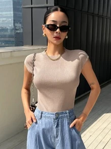 DAZY Solid Ribbed Knit Cap Sleeve Knit Top - Khaki - View 7