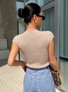 DAZY Solid Ribbed Knit Cap Sleeve Knit Top - Khaki - View 2