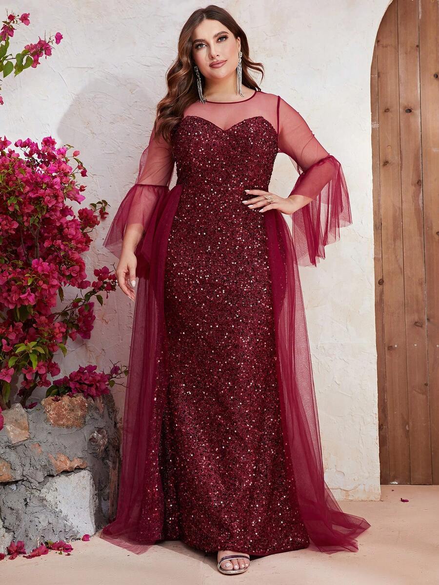 YISIKADO Đầm Plus Size Tương phản Mesh ghép mộng kim sa Dây kéo màu trơn Buổi tiệc - Màu Đỏ Sâu - Xem 1