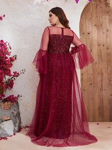 YISIKADO Đầm Plus Size Tương phản Mesh ghép mộng kim sa Dây kéo màu trơn Buổi tiệc - Màu Đỏ Sâu - Xem 2