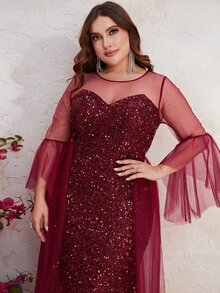 YISIKADO Đầm Plus Size Tương phản Mesh ghép mộng kim sa Dây kéo màu trơn Buổi tiệc - Màu Đỏ Sâu - Xem 4