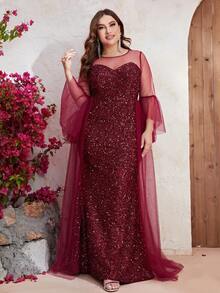 YISIKADO Đầm Plus Size Tương phản Mesh ghép mộng kim sa Dây kéo màu trơn Buổi tiệc - Màu Đỏ Sâu - Xem 5