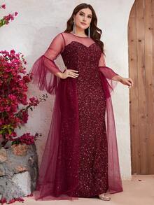 YISIKADO Đầm Plus Size Tương phản Mesh ghép mộng kim sa Dây kéo màu trơn Buổi tiệc - Màu Đỏ Sâu - Xem 6