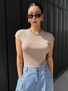 DAZY Solid Ribbed Knit Cap Sleeve Knit Top - Khaki - View 6