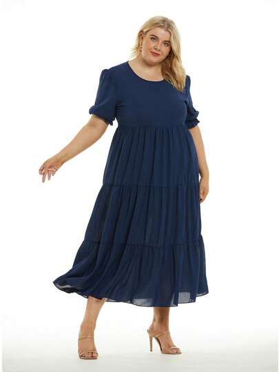 Plus Puff Sleeve Ruffle Hem Dress