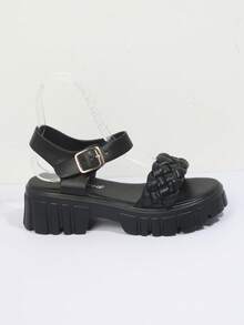 女士編織細節坡跟人造皮革踝帶度假涼鞋 - 黑色 - 查看 3