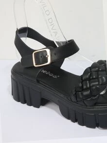 女士編織細節坡跟人造皮革踝帶度假涼鞋 - 黑色 - 查看 4