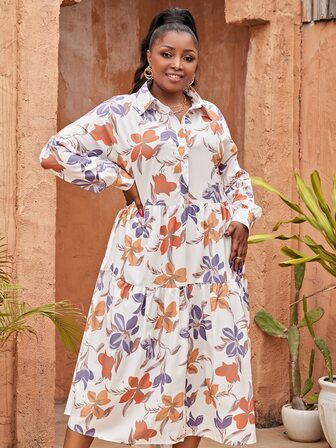 大碼印花荷葉邊襯衫連衣裙