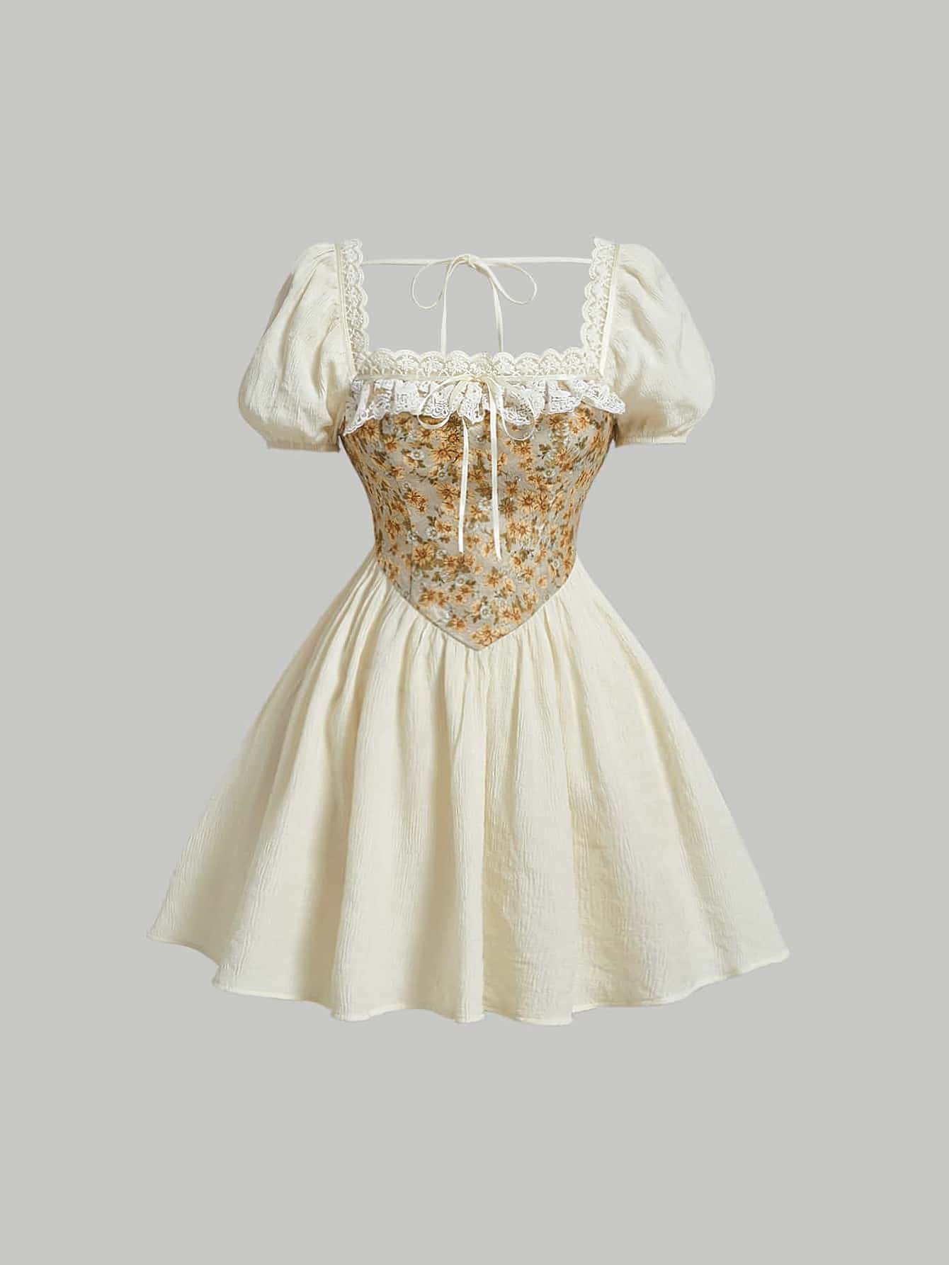 SHEIN MOD Vestido con estampado floral ribete con fruncido de manga farol - Albaricoque - Ver 1