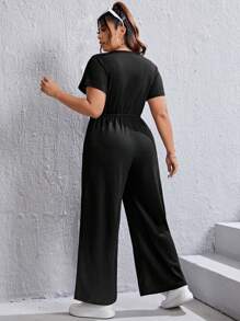SHEIN EZwear 大碼素色交疊領前打結闊腿連體褲 - 黑色 - 查看 2