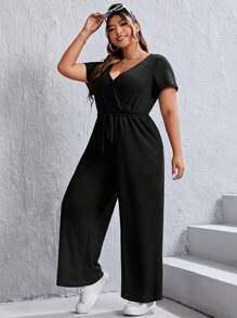 SHEIN EZwear 大碼素色交疊領前打結闊腿連體褲 - 黑色 - 查看 4