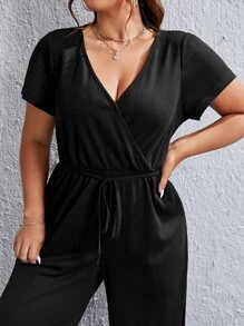 SHEIN EZwear 大碼素色交疊領前打結闊腿連體褲 - 黑色 - 查看 6