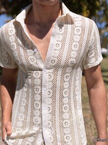 Manfinity RSRT 男士前排扣薄透襯衫 - 米色 - 查看 1