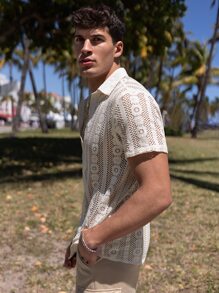 Manfinity RSRT 男士前排扣薄透襯衫 - 米色 - 查看 3