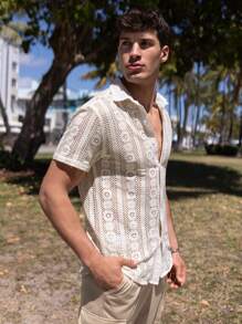 Manfinity RSRT 男士前排扣薄透襯衫 - 米色 - 查看 4