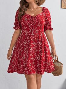 SHEIN VCAY Đầm Plus Size Dây kéo Thắt nút Xù Họa tiết hoa Boho - Đỏ và trắng - Xem 1