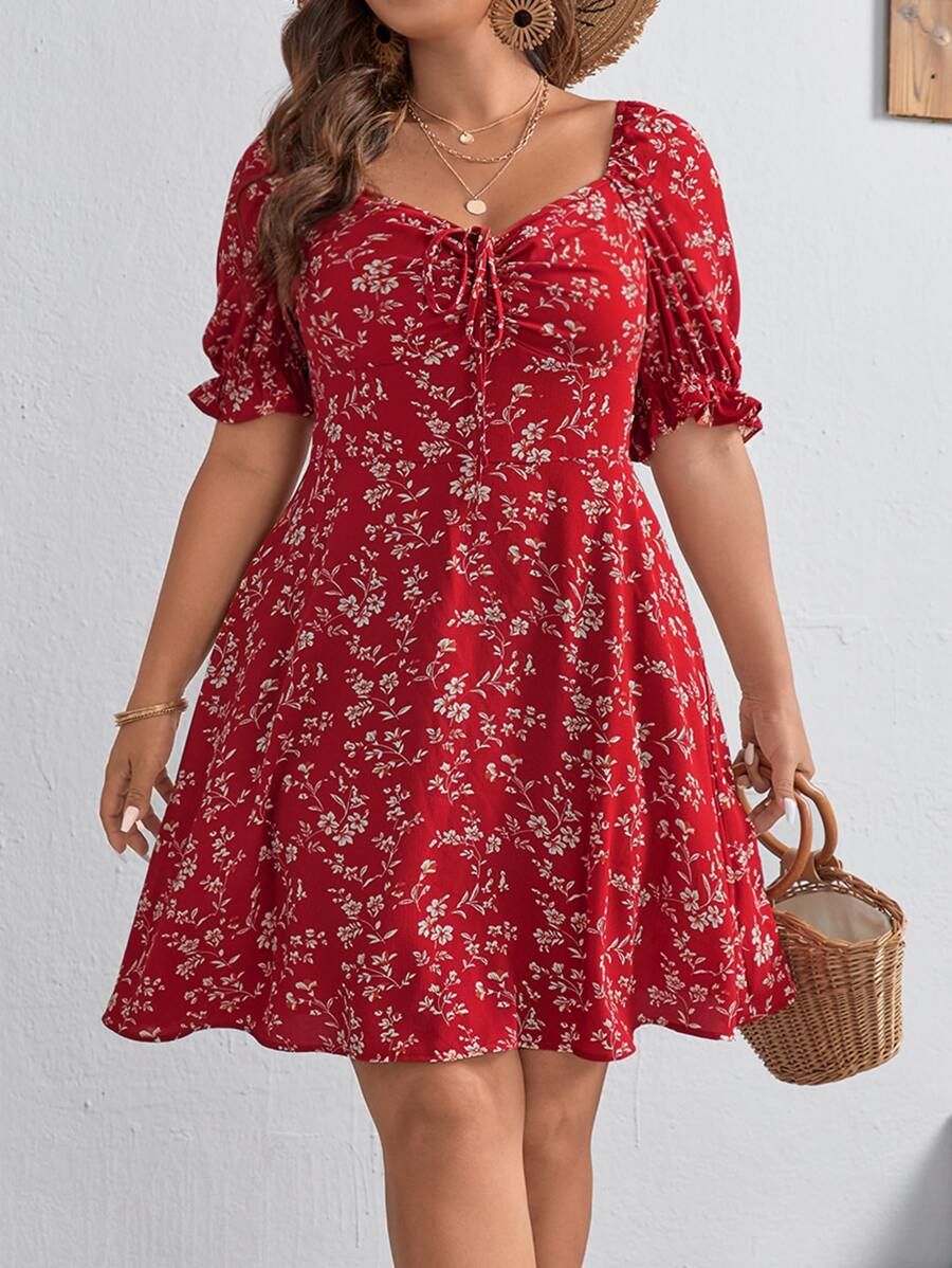 SHEIN VCAY Đầm Plus Size Dây kéo Thắt nút Xù Họa tiết hoa Boho - Đỏ và trắng - Xem 1