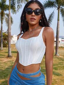 Solid Lace Up Back Asymmetrical Hem Shapewear Corset Top - White - View 1