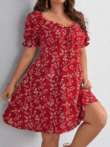 SHEIN VCAY Đầm Plus Size Dây kéo Thắt nút Xù Họa tiết hoa Boho - Đỏ và trắng - Xem 4