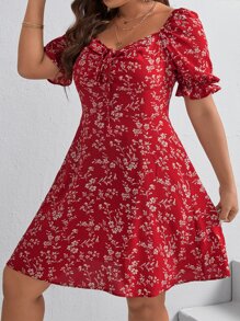 SHEIN VCAY Đầm Plus Size Dây kéo Thắt nút Xù Họa tiết hoa Boho - Đỏ và trắng - Xem 5