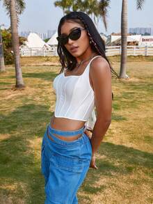 Solid Lace Up Back Asymmetrical Hem Shapewear Corset Top - White - View 3