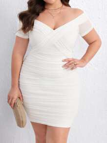 SHEIN Privé Plus Off Shoulder Ruched Mesh Bodycon Dress - White - View 2