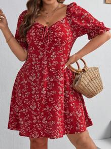SHEIN VCAY Đầm Plus Size Dây kéo Thắt nút Xù Họa tiết hoa Boho - Đỏ và trắng - Xem 6