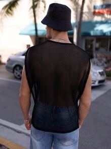 Manfinity Fever City Camiseta de malla sin mangas con lado de corbata de color sólido para hombre, camisa de moda negra de malla transparente - Negro - Ver 2