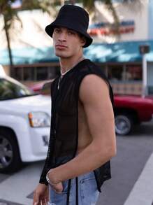 Manfinity Fever City Camiseta de malla sin mangas con lado de corbata de color sólido para hombre, camisa de moda negra de malla transparente - Negro - Ver 3