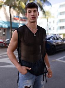 Manfinity Fever City Camiseta de malla sin mangas con lado de corbata de color sólido para hombre, camisa de moda negra de malla transparente - Negro - Ver 5