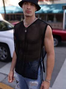 Manfinity Fever City Camiseta de malla sin mangas con lado de corbata de color sólido para hombre, camisa de moda negra de malla transparente - Negro - Ver 6