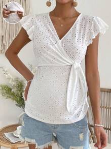SHEIN Maternity Eyelet Embroidery Butterfly Sleeve Wrap Knot Side Nursing Tee - White - View 5