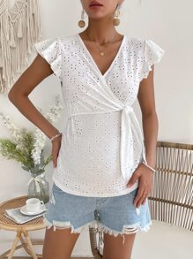 SHEIN Maternity Eyelet Embroidery Butterfly Sleeve Wrap Knot Side Nursing Tee - White - View 7