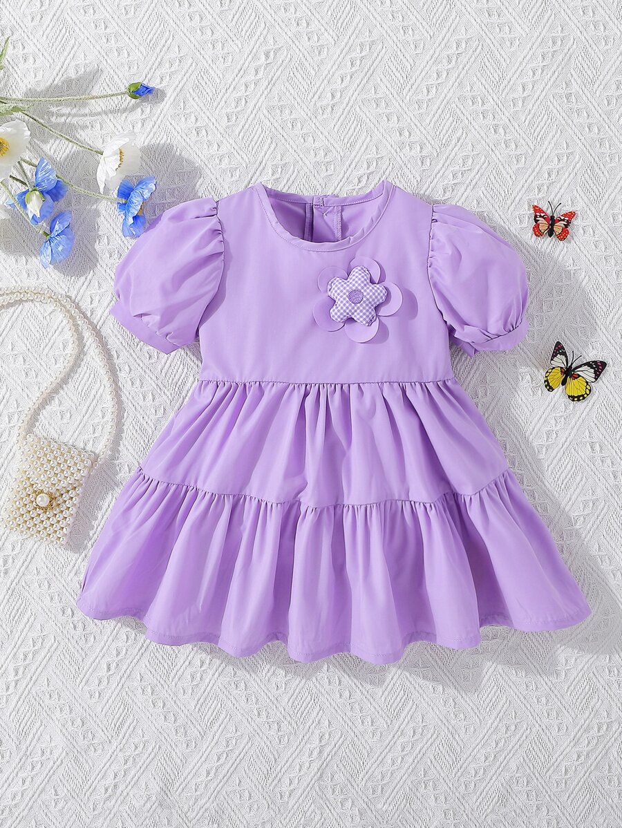 Bebé Vestido con diseño de flor bajo con fruncido