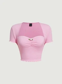 SHEIN MOD 貼花胸部褶皺木耳邊T恤 - 淺粉色 - 查看 1