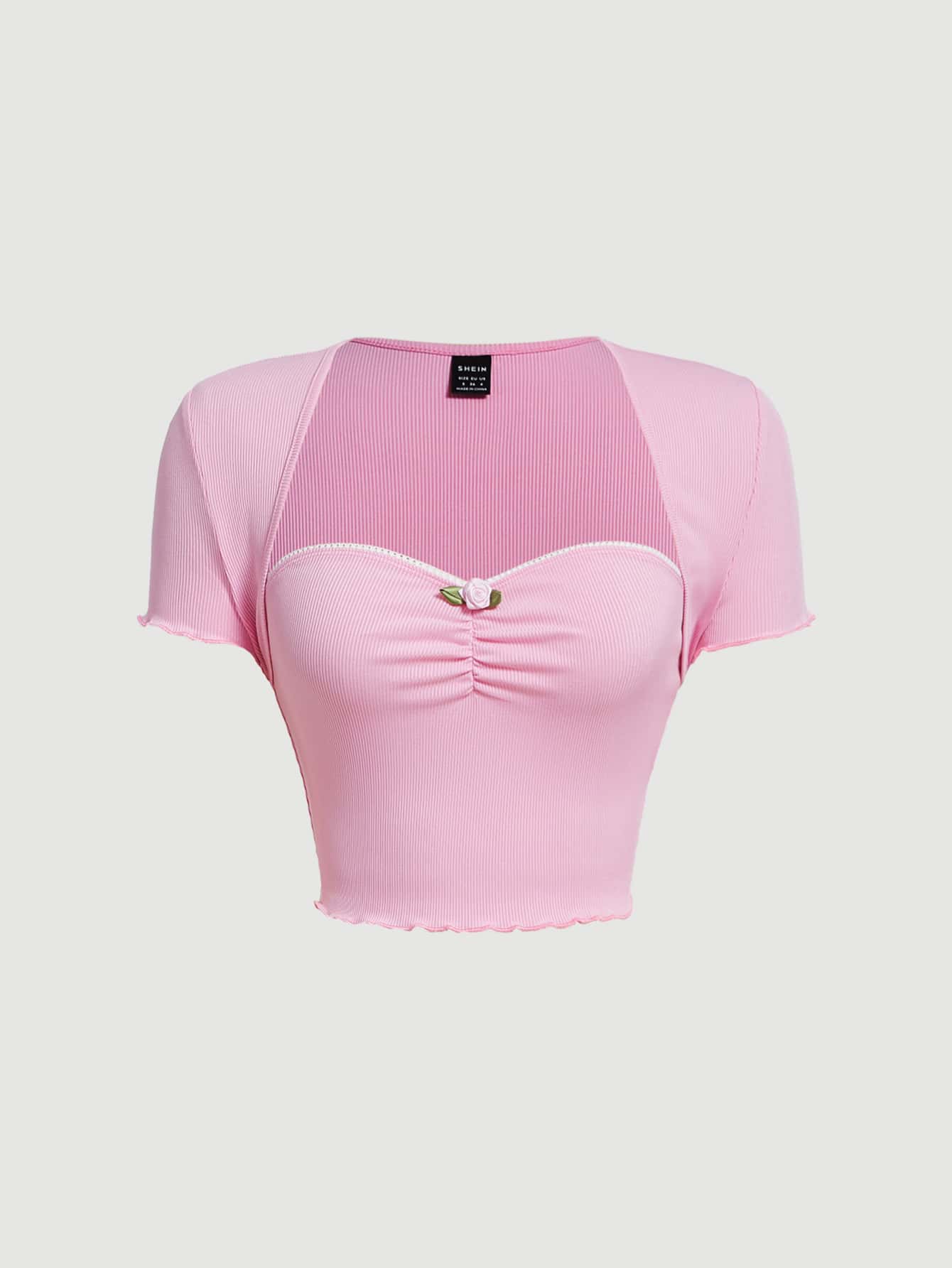 SHEIN MOD 貼花胸部褶皺木耳邊T恤 - 淺粉色 - 查看 1