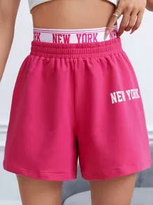 SHEIN EZwear 字母圖案織帶拼接腰短褲 - 玫紅色 - 查看 2