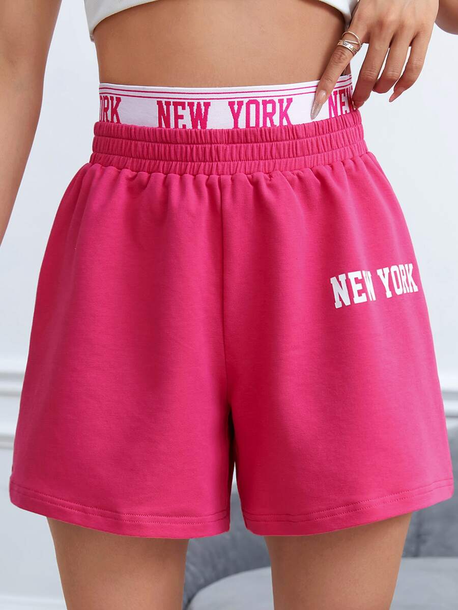 SHEIN EZwear 字母圖案織帶拼接腰短褲