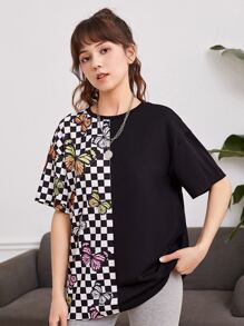 SHEIN Teen Girls Checkerboard & Butterfly Print Drop Shoulder Tee - Multicolor - View 1
