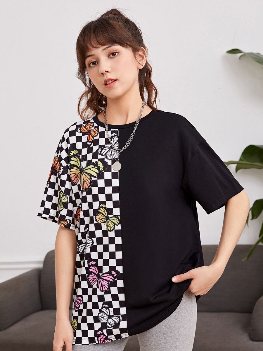 SHEIN Teen Girls Checkerboard & Butterfly Print Drop Shoulder Tee - Multicolor - View 1